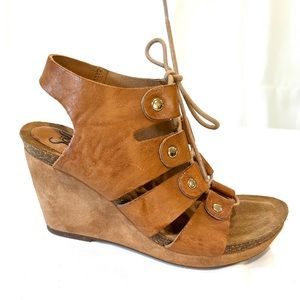 Söfft brand tan leather wedge lace up sandals. Size 6.5. Like new